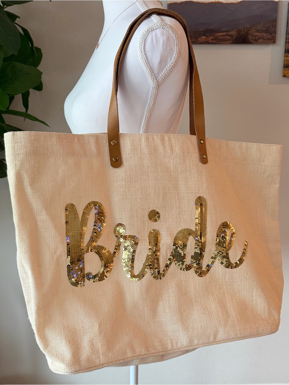 Sequin 'Bride' Canvas Tote Bag in Cream